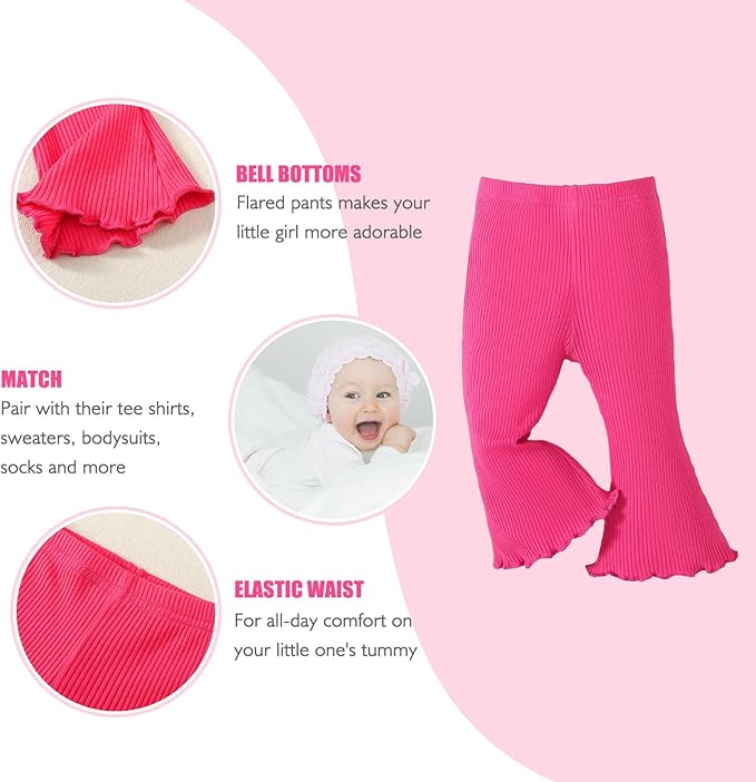 SOBOWO Baby Girl Flare Pants 3 Pack Toddler Solid Ribbed Ruffle Bell Bottoms Pants Trousers Fall Outfits