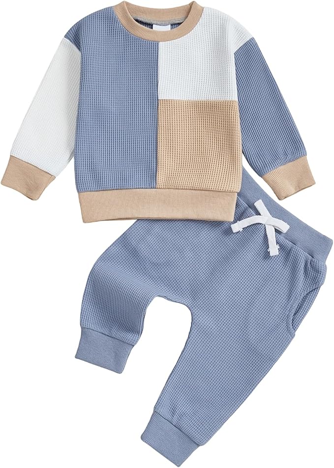 Toddler Baby Boy Fall Clothes Waffle Outfit Long Sleeve Color Blocking Sweatshirt Pullover Jogger Pant Set