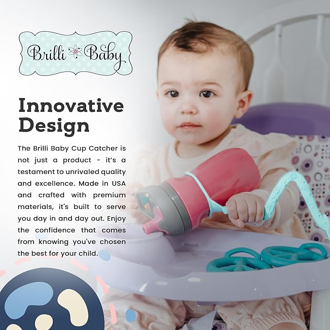 Brilli Baby Cup Catcher Patented Safety Tether Strap, Attach Sippy Cups, Bottles, Pacifiers & More to Stroller, High Chair, Car Seat, Made in USA, Food Grade, Dishwasher Safe (Pink & Lime)