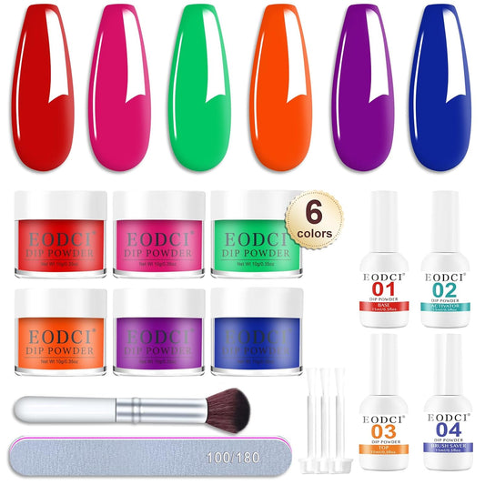 12 Pcs Dip Powder Nail Kit Starter Kit, 6 Colors Pink Red Orange Green Blue Dipping Powder Kit with Base & Top Coat/Activator/Brush Saver, Nail Art Dip Manicure Kits Salon DIY for Women