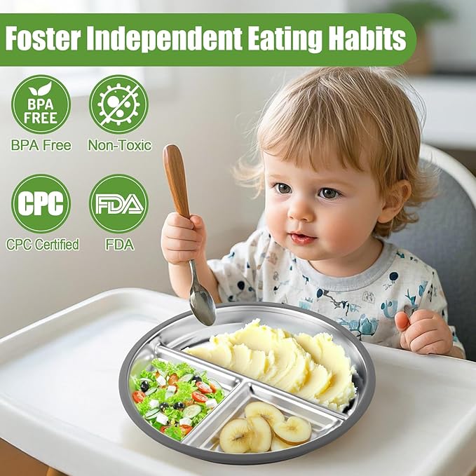 BUSOHA 2 Pack Stainless Steel Kids Plate with Suction - 9” Divided Toddler Baby Plates with Silicone Sleeves 2-in-1 Anti Breakage Metal Toddler Bowls Microwave Dishwasher Safe