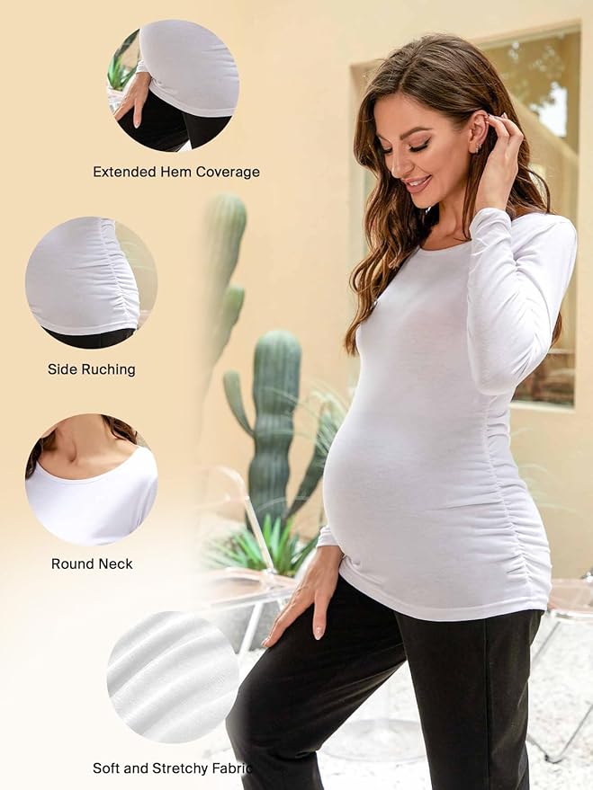 Ecavus Women's Maternity Shirts Long Sleeve Soft Stretchy Pregnancy Tops Side Ruched Casual Mama Clothes