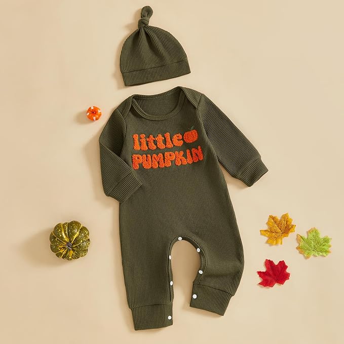 Newborn Infant Baby Boy Halloween Outfit Little Pumpkin Embroidery Romper Waffle Knit Long Sleeve Jumpsuit with Hat