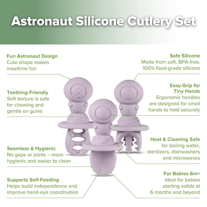 Haakaa Astronaut Beginner Silicone Cutlery Set – Toddler Spoons Self Feeding 6+Months, Baby Led Weaning Supplies, Easy Grip Toddler Utensils, Baby Feeding Essentials
