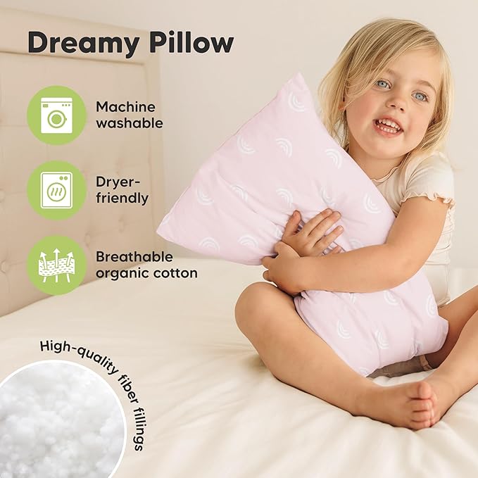 KeaBabies 2-Pack Toddler Pillow 13x18 - Soft Organic Cotton Kids Travel Bed Pillows for Sleeping, School, Nap, Machine Washable, Toddlers 2 to 5, Pillowcase Sold Separately (Pastel Rainbow)