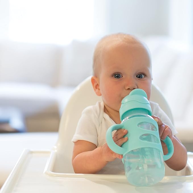 Dr. Brown's Milestones Wide-Neck Sippy Straw Bottle with 100% Silicone Handles and Weighted Straw, 9 oz/270 mL, Gray & Green, 6m+