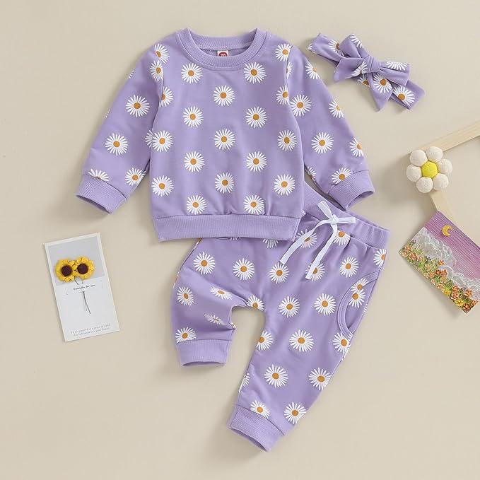 3Pcs Baby Girl Outfits Daisy Sweatshirt + Pants + Headband Infant Fall Winter Clothes