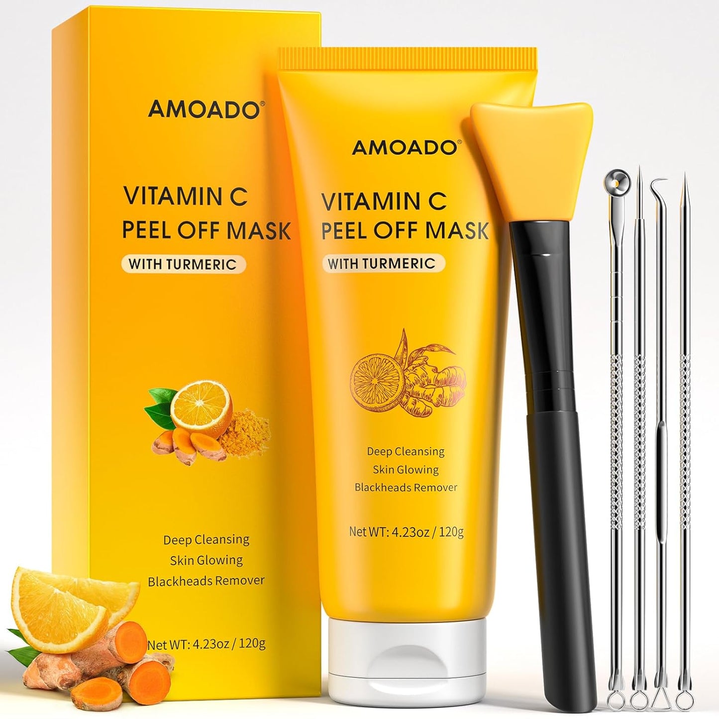 Blackhead Remover Mask, Peel Off Face Mask with Vitamin C & Turmeric for Men and Women–Deep Cleansing Nose Facial Mask for Blackheads, Pores & Oil Control with Pimple Extractor and Brush