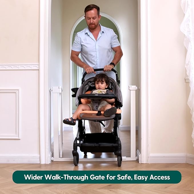 BABELIO Baby Gate for Doorways and Stairs, 31-36" Pet Gate with Wide Walk Thru Door and Lock Indicator, No Drill Pressure Mounted Safety Gate with Double Lock and Self-Closing, White