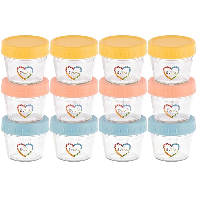 EVLAs Baby Food Containers 12-Pack - 4 oz Glass Jars with Lids - BPA-Free, Microwave, Freezer, and Dishwasher Safe Glass Baby Food Jars or Toddler Snack Containers for Kids Purees or Breastmilk