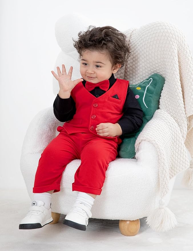 A&J DESIGN Baby Boy Suits Clothes Infant Toddler Formal Gentleman Outfits, Dress Shirt + Vest + Bow Tie + Pants Wedding Set