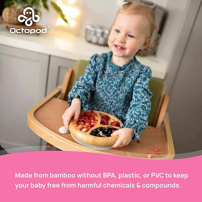 Abiie Octopod Bamboo Dish - Kids Plates for 4 months and up, 3-Compartment Baby Plates with Suction, Round Bamboo Baby Plate, Mess-Free Toddler Suction Plates, Baby Feeding Supplies, 7.5 x 7.5 x 1.9in