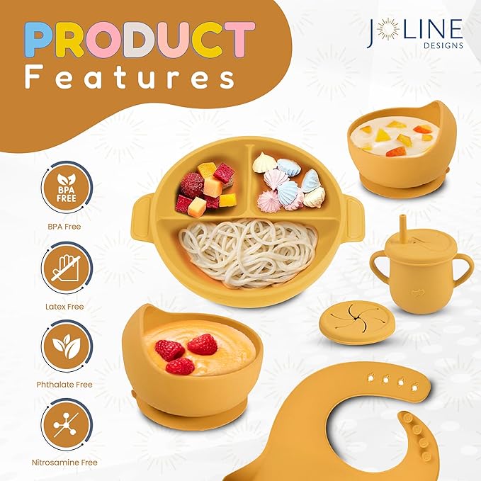 Silicone Baby Feeding Set - Perfect silicone plates for baby & Toddler Plates with lid, Baby Bowls with Suction, Baby Utensils - Baby Led Weaning Supplies & Eating Essential - (Yellow)