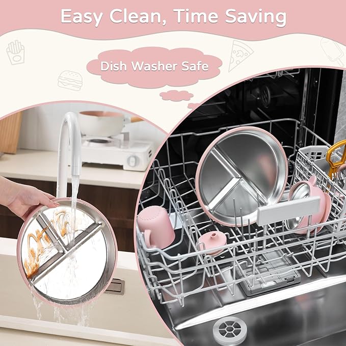 Toddler Plates and Bowls Set Stainless Steel - Bathchef Baby Feeding Set Strong Suction, BPA Free Durable Divided Plates, Safe Self Baby Feeding Utensils,Cup,Spoon,Fork,Dishwasher Safe,6pcs,Pink