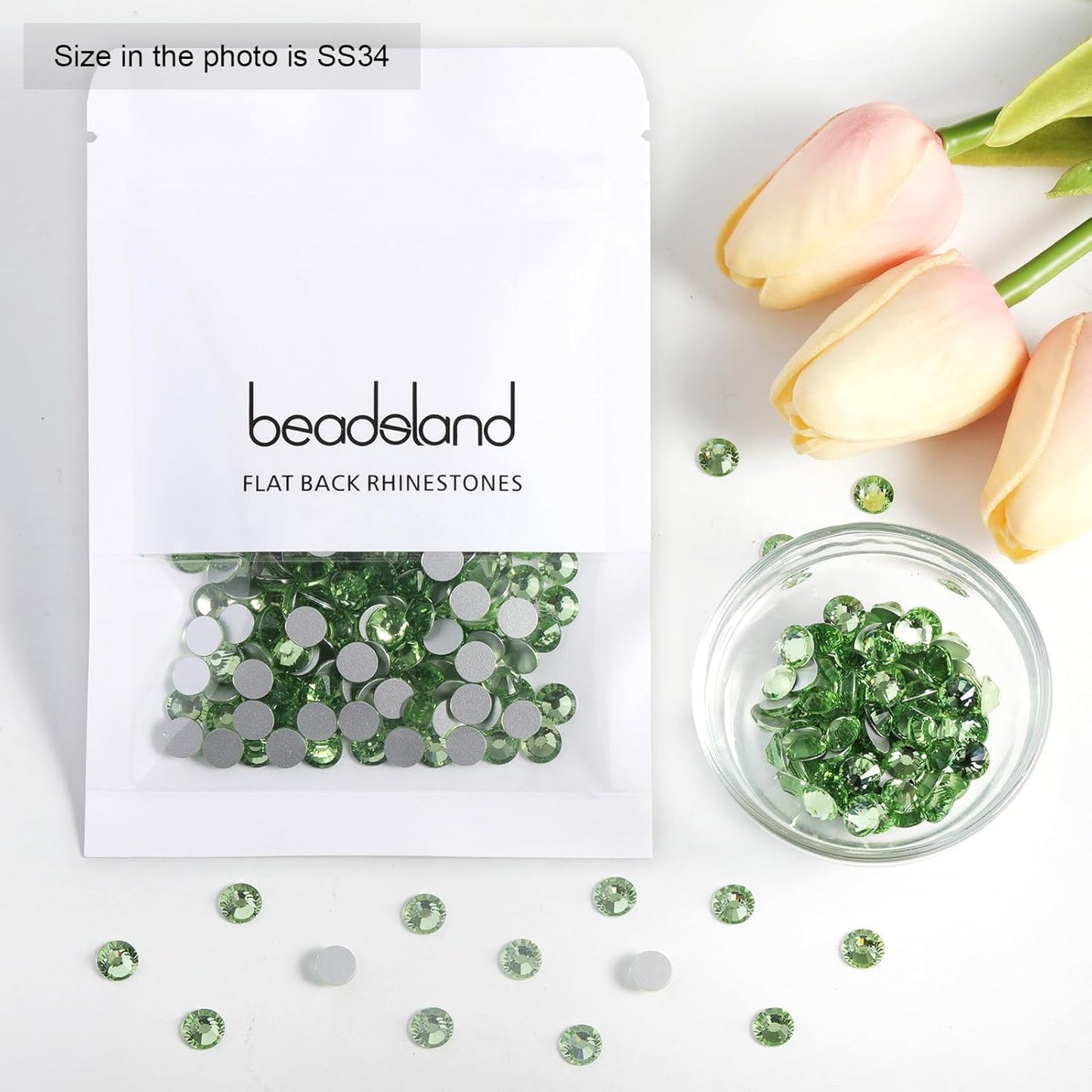 Beadsland 288pcs Flat Back Crystal Rhinestones Round Gems for Nail Art and Craft Glue Fix, Light Green, SS34,7.1-7.3mm