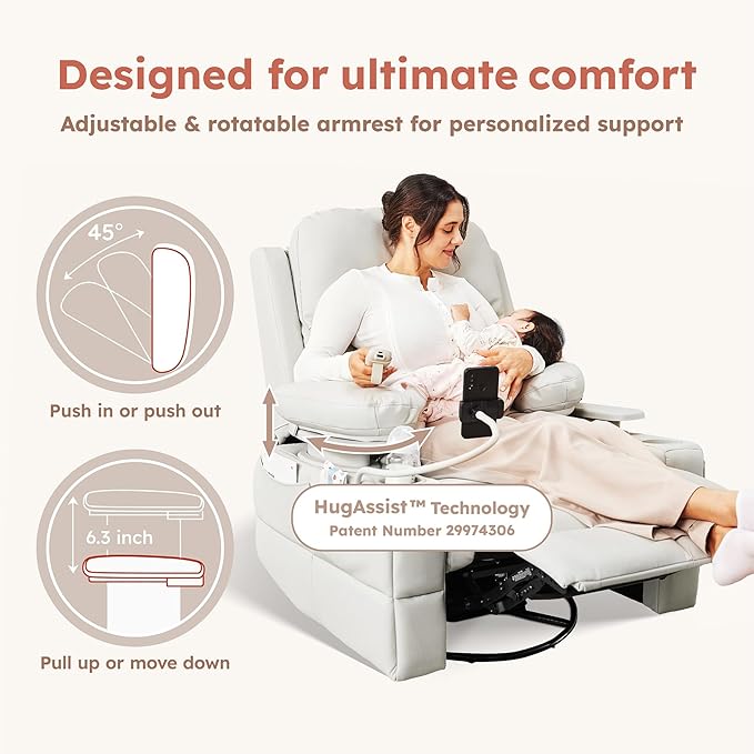 MAMAZING Oversized Rocking Chair Nursery with Adjustable Armrests, Electric Glider Recliner Nursing Chair for Breastfeeding, Power Swivel Recliner Chairs, Oeko-TEX & FSC Certified (Off White)