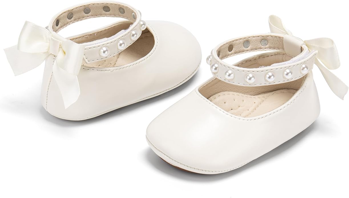 Baby Girls Mary Jane Flats - Infant Newborn Walking Shoes Soft Rubber Sole Princess Wedding