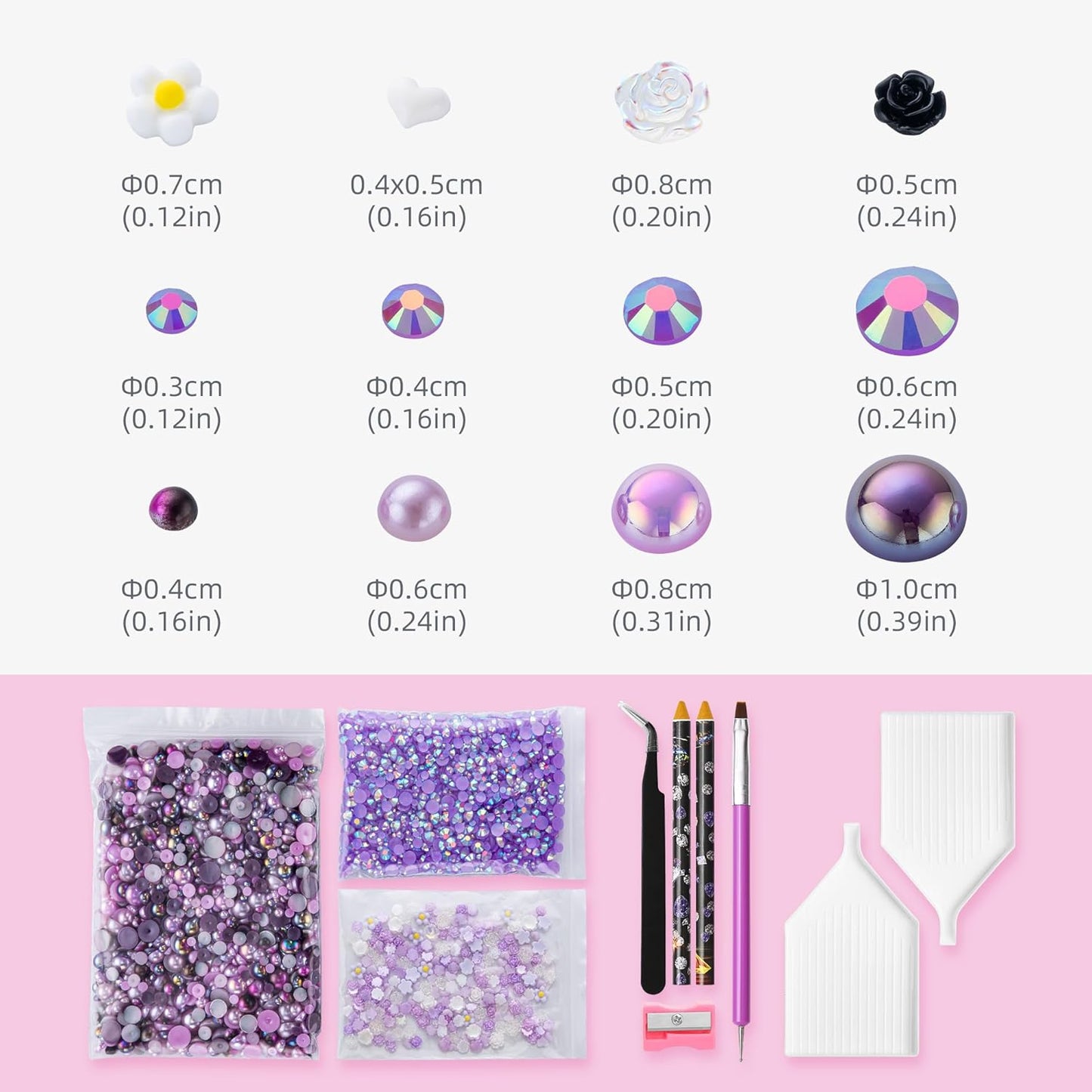 160g Purple Flat Back Pearls Rhinestones for Crafts Mixed Size 3mm-10mm AB Color Round Half Pearls Flatback Pearl Beads and Resin Rhinestones Set for Face Art