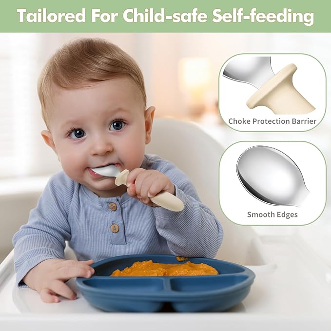 DRKIO 8 PCS Toddler Spoons Set - Baby Spoons with Silicone Handle Children safe 18/8 Stainless Steel Toddler Utensils Set for Self Feeding Kids Silverware Anti-Choke Design Food Grade Dishwasher Safe