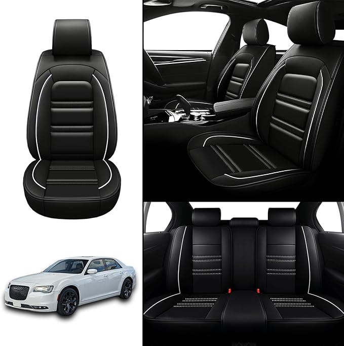 Seat Covers for Chrysler Car 300 2005-2023 | 5-Seats Leather Seat Covers, Easy to Install Automotive Seat Covers Full Set (Full Set, Black&White Line)