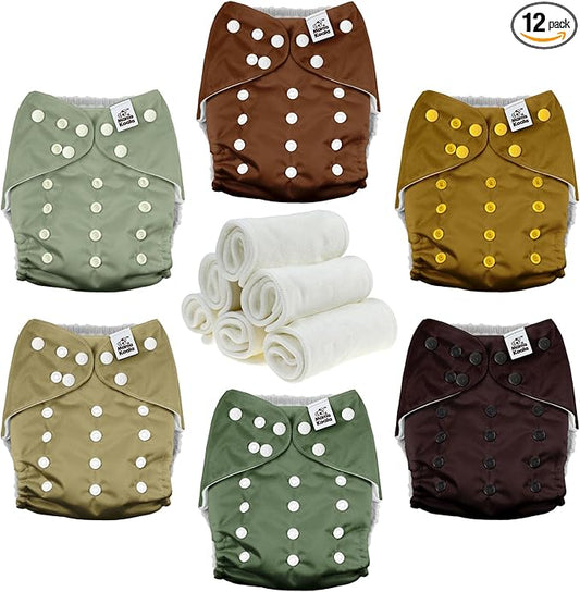 Mama Koala 3.0 Cloth Diapers for Babies with AWJ Lining, 6 Pack with 6 Natural Cloth Diaper Inserts - Reusable and Washable Pocket Diapers (Pinetree Cabin)