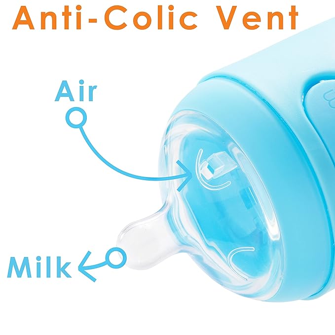 PopYum 5 oz Blue Anti-Colic Formula Making/Mixing/Dispenser Baby Bottles, 2-Pack with #1 Slow Flow Nipples, 150 ml, BPA-Free, Natural Latch