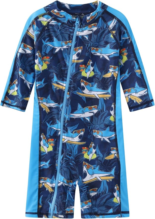 Toddler Baby Boys Swimsuit Rashguard One Piece Zipper Bathing Suit with Sun Hat Infant Swimwear Sunsuit UPF 50+
