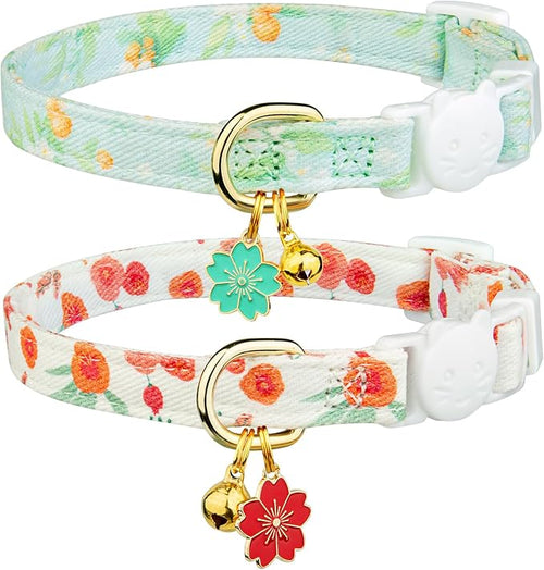 2 Pack Cotton Breakaway Cat Collar Green and Red Flowers Pendant Cute Kitten by Fyeqyaou