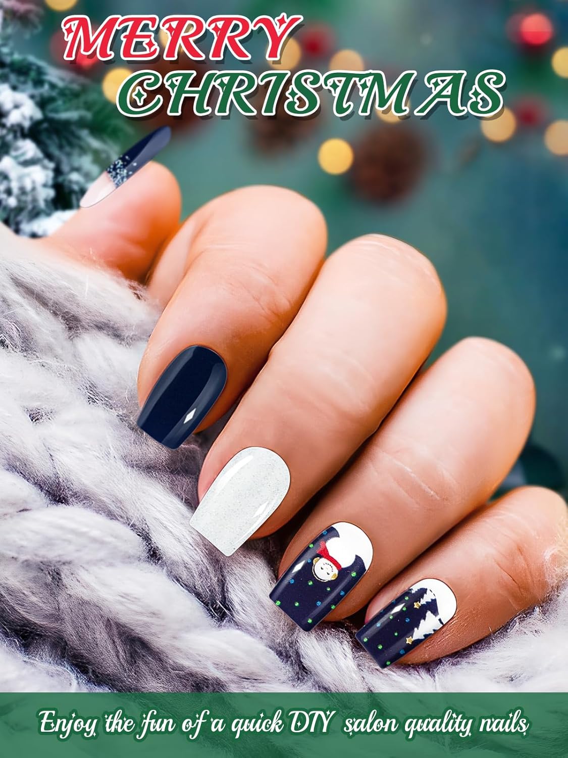EBANKU 24PCS Christmas Semi-Cured Gel Nail Strips, Snowman Snowflakes Adhesive Gel Nail Art Sticker, Waterproof Gel Nail Wrap Stickers with Nail File and Stick