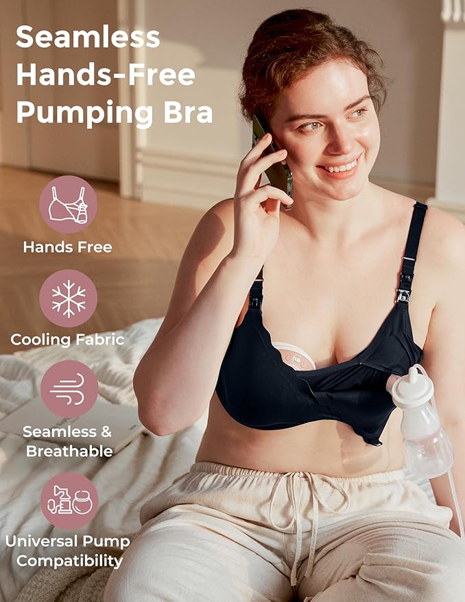 Momcozy 4-in-1 Pumping Bra Hands Free for All-Day Wear, Breast Pump Bra with Cooling Fabric Jelly Strip Support Nursing Bra
