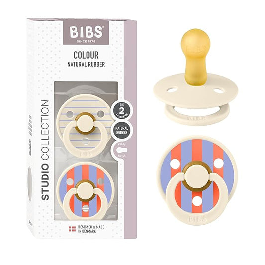BIBS Pacifiers - Studio 2 Pack | Round Nipple Baby Pacifier | BPA Free Natural Rubber Latex Soother | Made in Denmark | Size 6+ Months | Pin Ivory