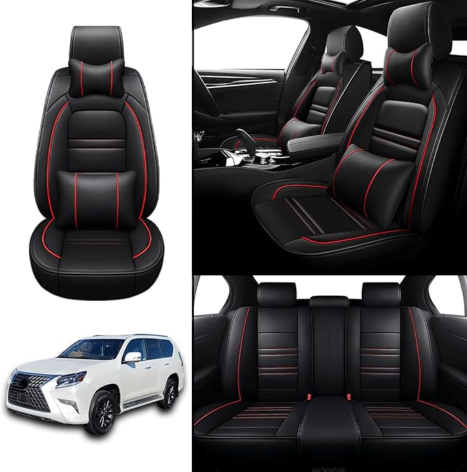 Car Seat Covers for Lexus Car gx460 2010-2023 | 5-Seats Seat Covers, Waterproof Seat Protectors, Automotive Seat Covers (Full Set with Pillow,Black&Red Line)