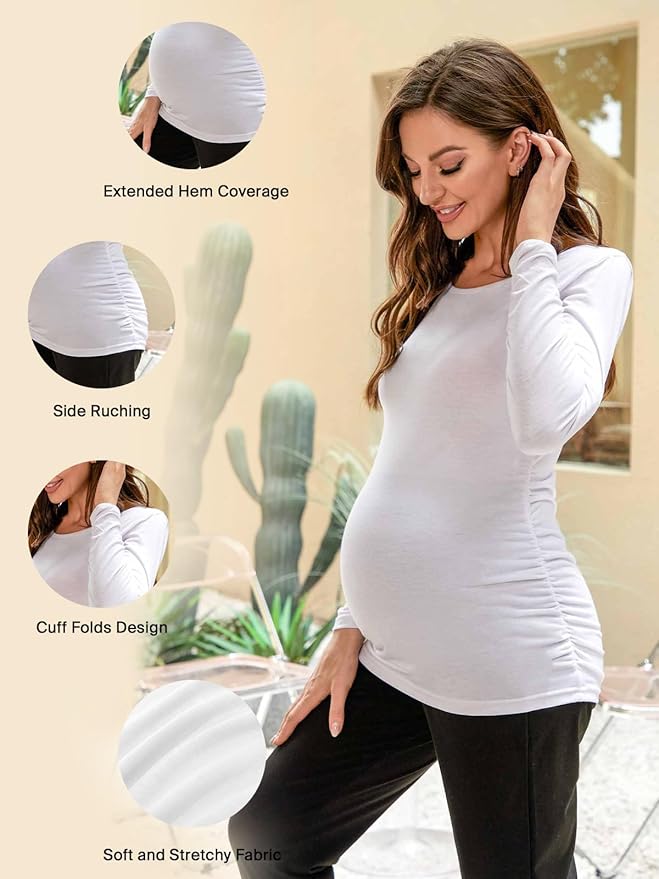 Ecavus Women's Maternity Shirts Long Sleeve Soft Stretchy Pregnancy Tops Side Ruched Casual Mama Clothes