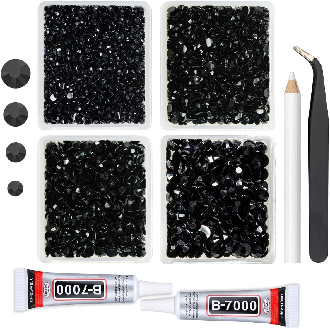 Pure Black Resin Rhinestones w B7000 Jewelry Glue for Bedazzling Crafting 3mm 4mm 5mm 6mm Flatback Jelly Stones Bulk Diamonds Gems Charms for Nails Face Eyes Makeup Body Tumblers Decor Crafts