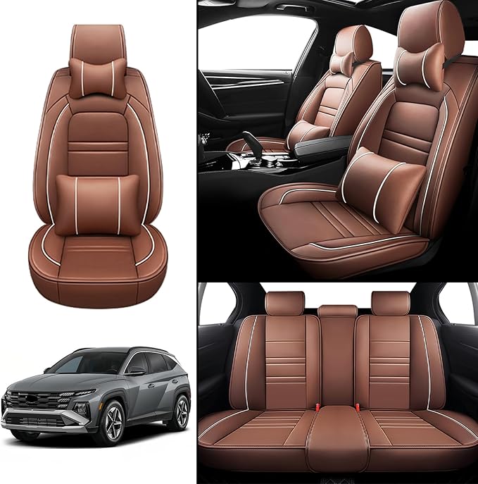 Car Seat Covers for Hyundai Car Tucson 2005-2025 | 5-Seats Seat Covers, Waterproof Seat Protectors, Automotive Seat Covers (Full Set with Pillow,Coffee)