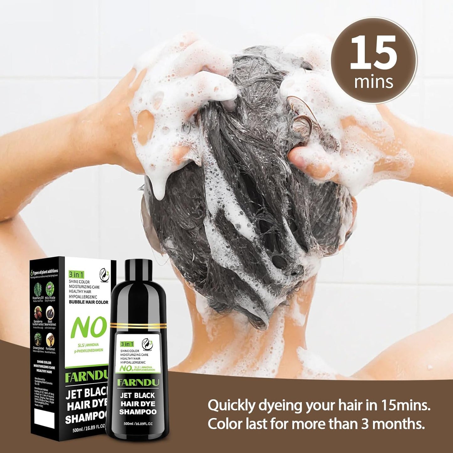 Jet Black Hair Dye Shampoo Ammonia-free & PPD-free, Natural Herbal Ingredients 3 in 1 Hair Color Shampoo for Women Men Gray Hair Coverage