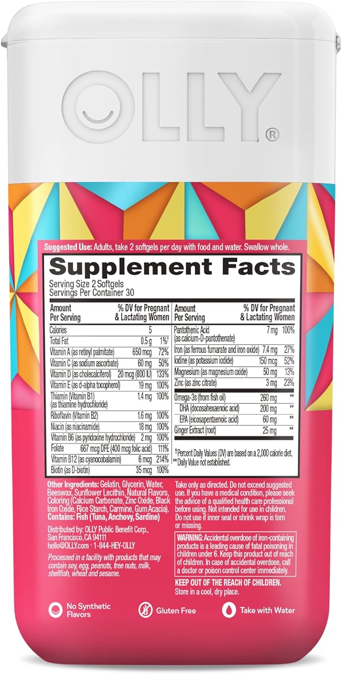 OLLY Ultra Strength Prenatal Multivitamin Softgels, Supports Healthy Growth, Brain Development, Iron, Folic Acid, DHA, Vitamins C, E, 30 Day Supply-60 Count (Pack of 2)