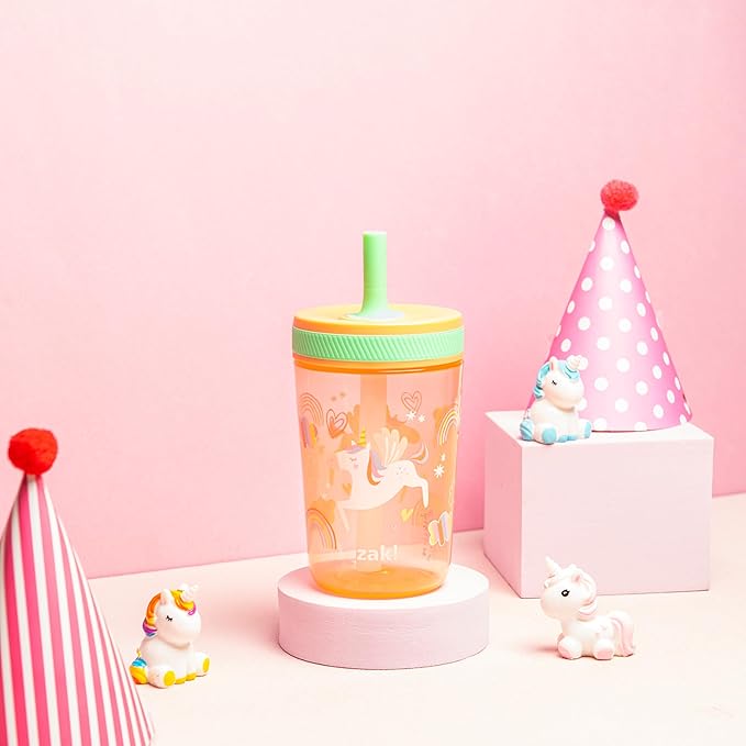 Zak Designs Kelso Tumbler Set 15 oz, (Unicorn) Leak-Proof Screw-On Lid with Straw Made of Durable Plastic and Silicone, Perfect Cup Bundle for Kids (2pc Set)
