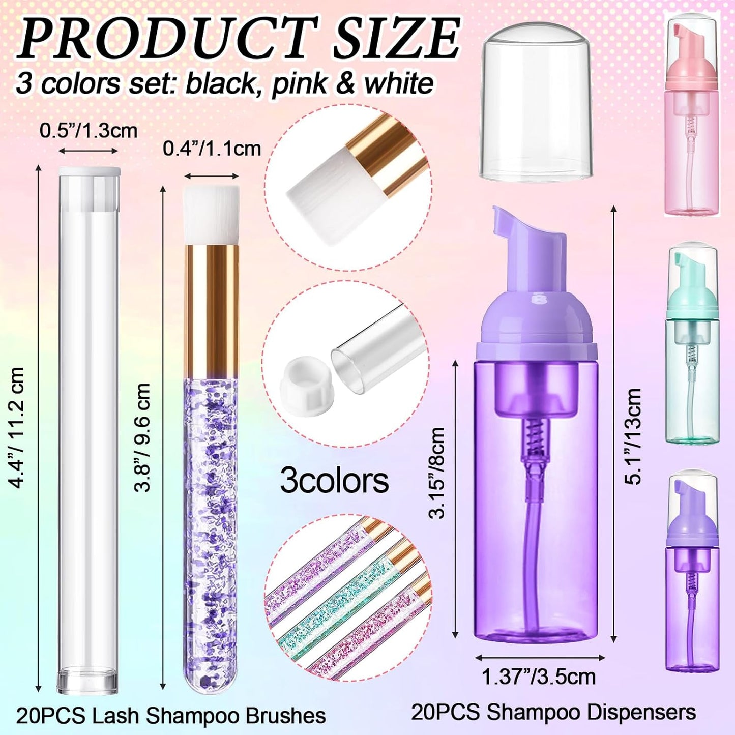Zhehao 80 Pcs Lash Shampoo Bottle Brushes Kit 20 Foam Pump Dispensers 20 Lash Shampoo Brushes 20 Eyelash Aftercare Bag 20 Cleaning Pipes, Eyelash Extension Supplies (Mixed Colors)