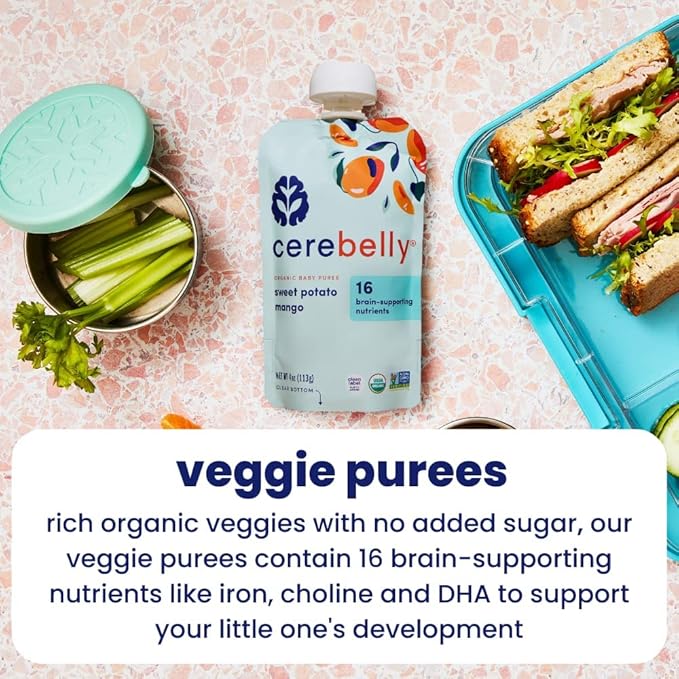 Cerebelly Organic Baby Food Pouches, Sweet Potato Mango Purees, 16 Nutrients, No Added Sugar, Fiber & Non-GMO, 4oz, 6 Pack
