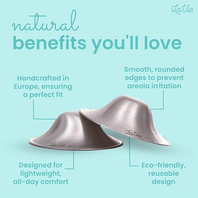 LaVie Silver Nursing Cups, Soothing Protection for Nursing Nipples of Newborns, Calming Relief for Breastfeeding Moms, 999 Silver Trilaminate All Natural (Size 1)
