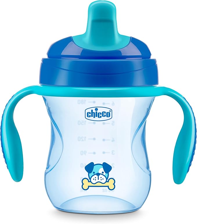 Chicco Semi-Soft Trainer with Bite-Resistant Spout and Spill-Free Lid 7oz.| Removable, Non-Slip Handles | Top-Rack Dishwasher Safe | Easy to Hold Ergonomic Indents | Blue| 6+ months