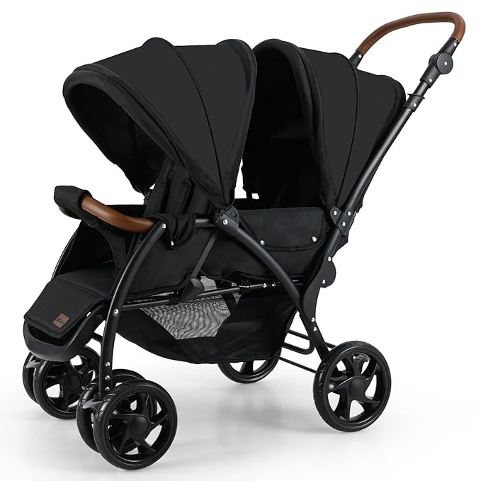INFANS Double Stroller, Foldable Baby Tandem Stroller with Djustable Backrest Canopy Footrest, 5-Point Harness, Storage Basket, Convertible Compact Twin Stroller for Infants and Toddlers