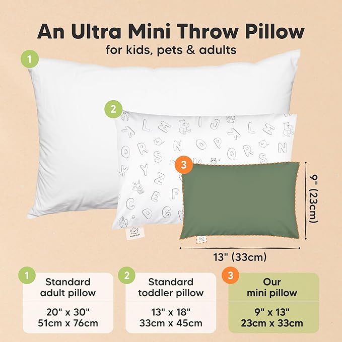 Mini Toddler Pillow with Pillowcase - 9x13 My Little Dreamy Travel Kids Pillow for Sleeping, Toddler Bed, Small, Tiny, Organic Cotton Pillowcase, Soft & Breathable, Kids 2-4 Years Old (Jungle Green)