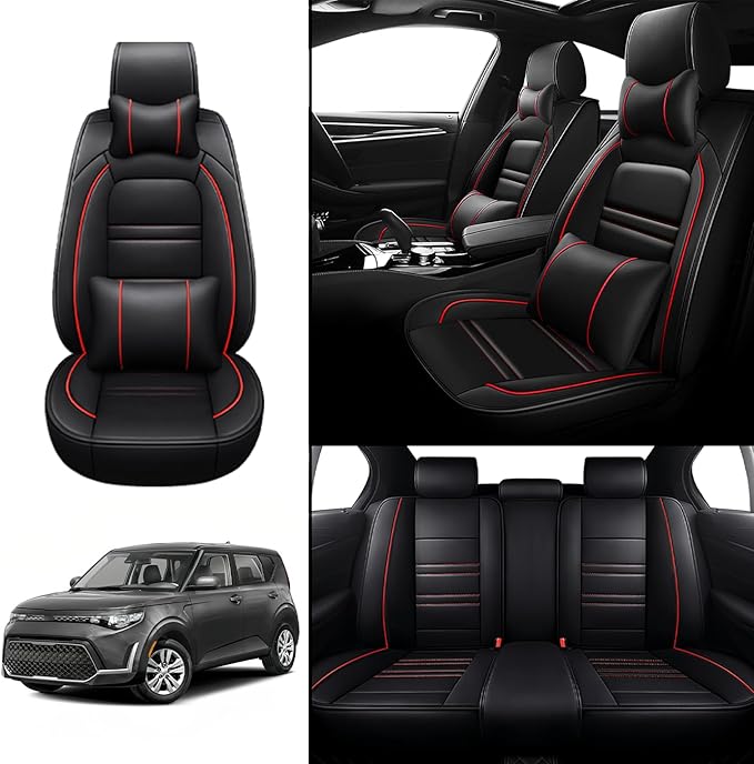 Car Seat Covers for kia Soul 2010-2025 | 5-Seats Seat Covers, Waterproof Seat Protectors, Automotive Seat Covers (Full Set with Pillow,Black&Red Line)