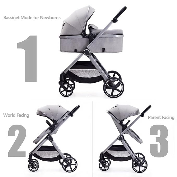 2 in 1 Baby Stroller, Newborn Infant Toddler Convertible Pram Stroller for 0-36 Months Old Babies (Grey)