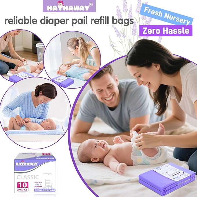 Diaper Pail Refill Bags Compatible With Dekor Classic Diaper Pail, Extra 30% Length, Lavender Scent, 10 Pack