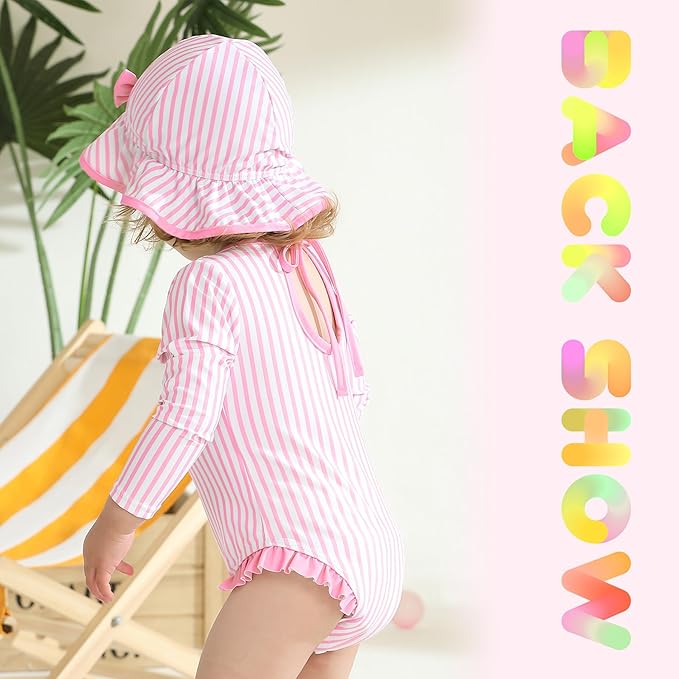 YOUNGER TREE Infant Baby Girls Swimsuit Long Sleeve Swimsuits One Piece Swimsuit Solid Color Bathing Suit with Hat, UPF 50+
