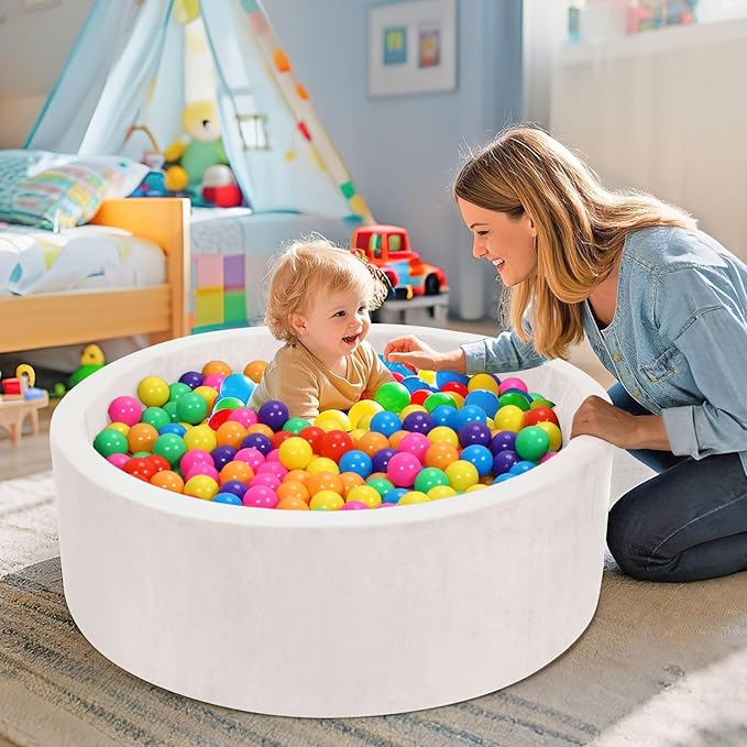 Foam Baby Ball Pit, 35.4"x 11.8" Ball Pits for Toddlers, Soft Round Kiddie Playpen Ball Pool for Kids with Soft Memory Sponge, Gift for Babies Indoor and Outdoor Game,Milk silk fabric‌ white(No Balls)