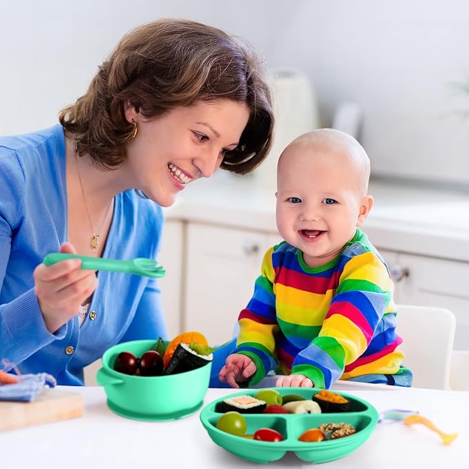 Chengu 12 Pcs Silicone Bowl with Suction Set for Baby Toddler with Suction Plate, Spoon and Fork, Divided Design Baby Feeding Utensils Weaning Kit, Dishwasher and Microwave Safe